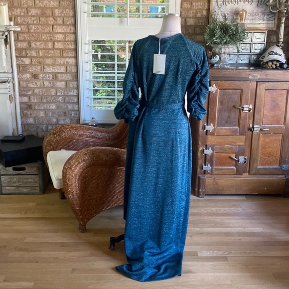 TRIBALBYN GREEN SPARKLY 3/4 SLEEVE WRAP DRESS MEDIUM NEW - Picture 6 of 12